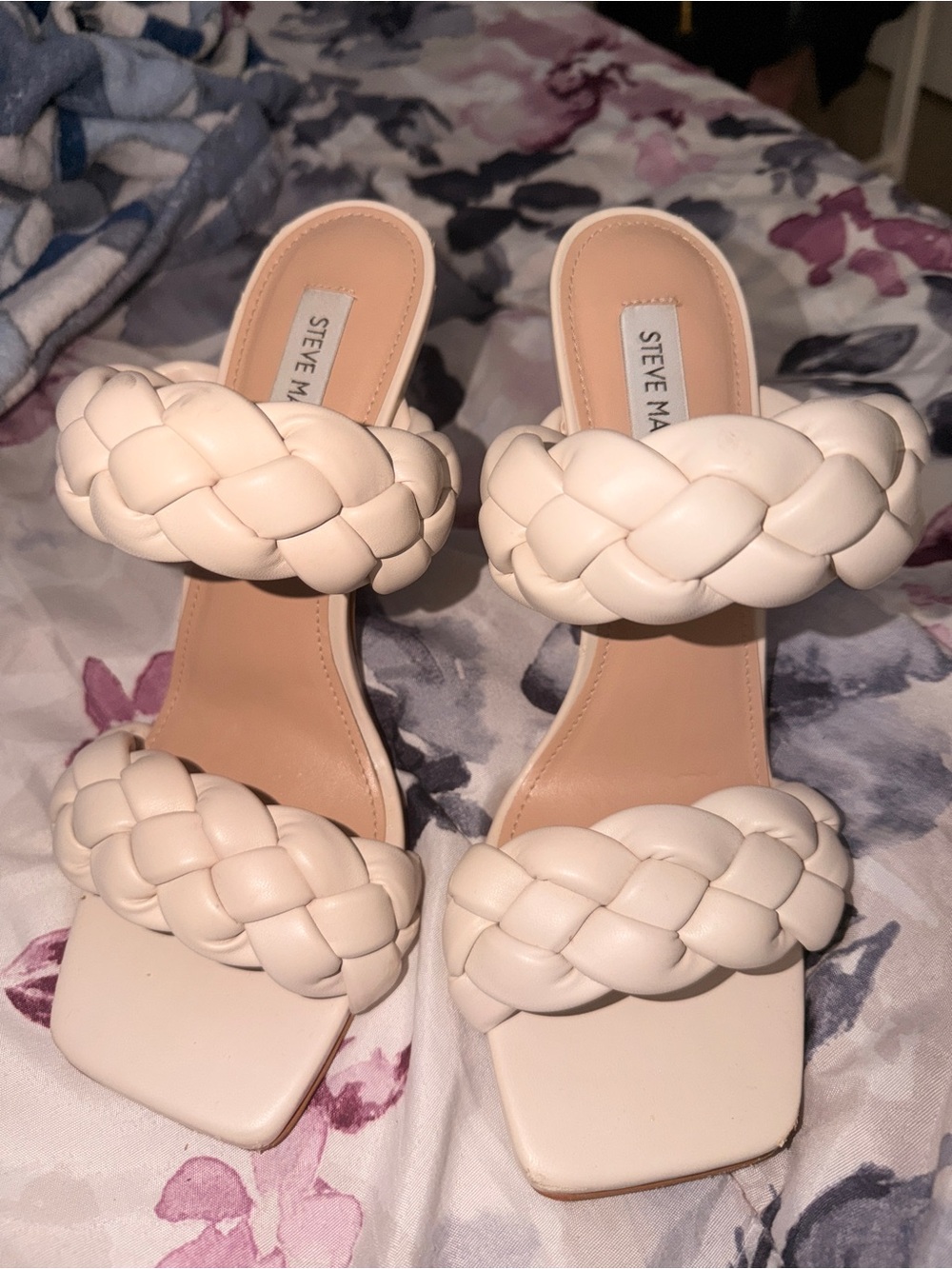 Steve Madden Cream Braided Double-Strap Heeled Sandals